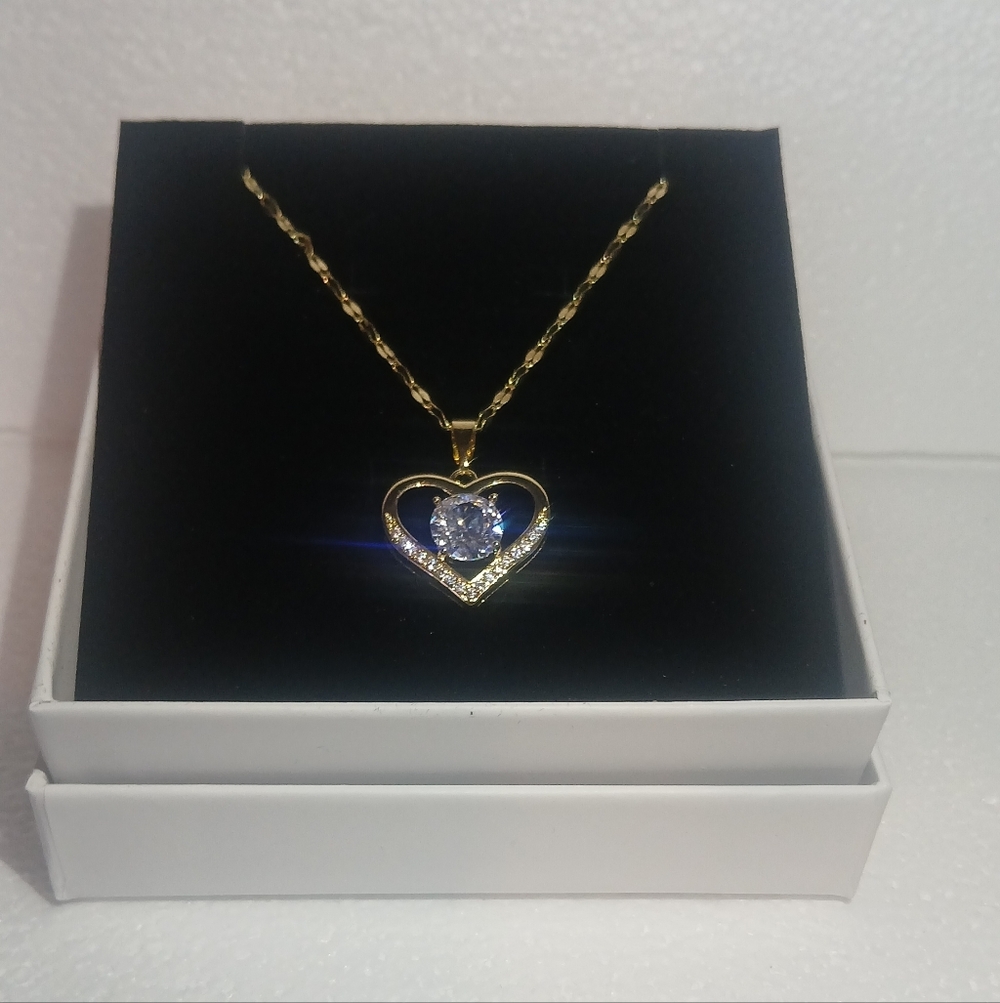 Gold Diamond Zircon Heart Pendant Necklace